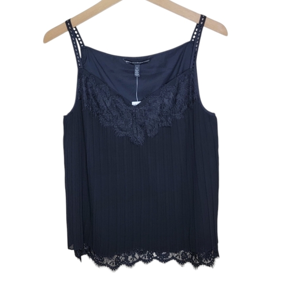 NWT WHBM | Mia Pleated Black Lace Trim Cami Top Perforated Straps Size Small - Picture 1 of 10